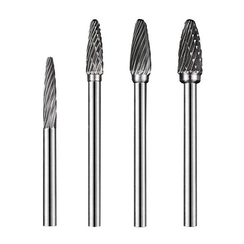 F-type tapered tungsten carbide rotary burr features sharp conical cutting head equipped with slim 3mm shank